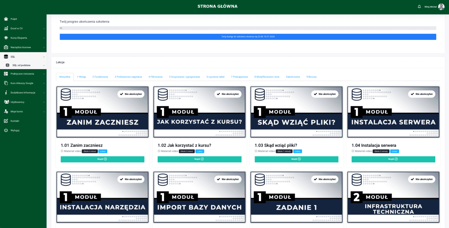zrzut ekranu z modułu sql
