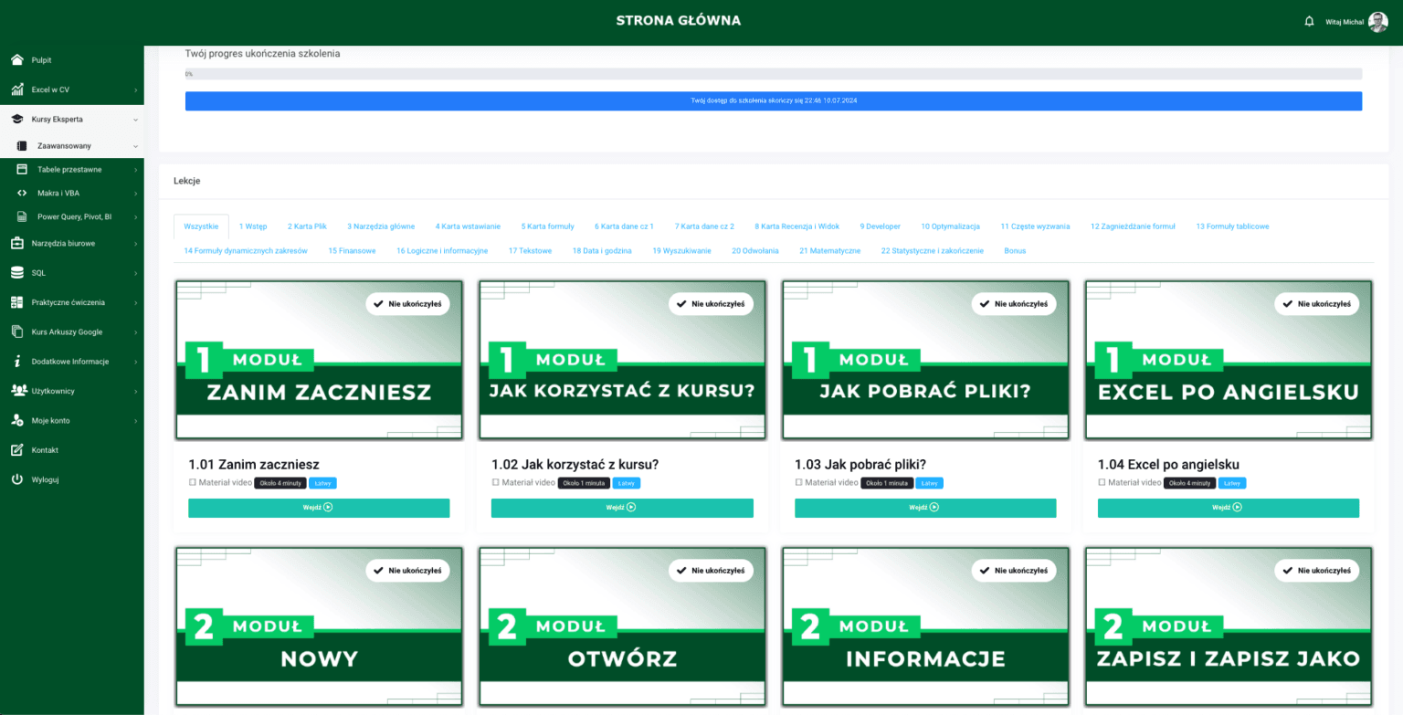 zrzut ekranu z modułu excel zaawansowany