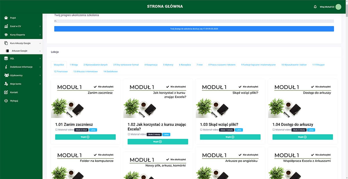 zrzut ekranu z modułu arkusze google
