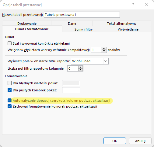 autoformatowanie tabela przestawna