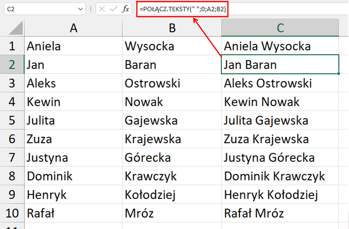funkcja POŁĄCZ.TEKSTY - przykład