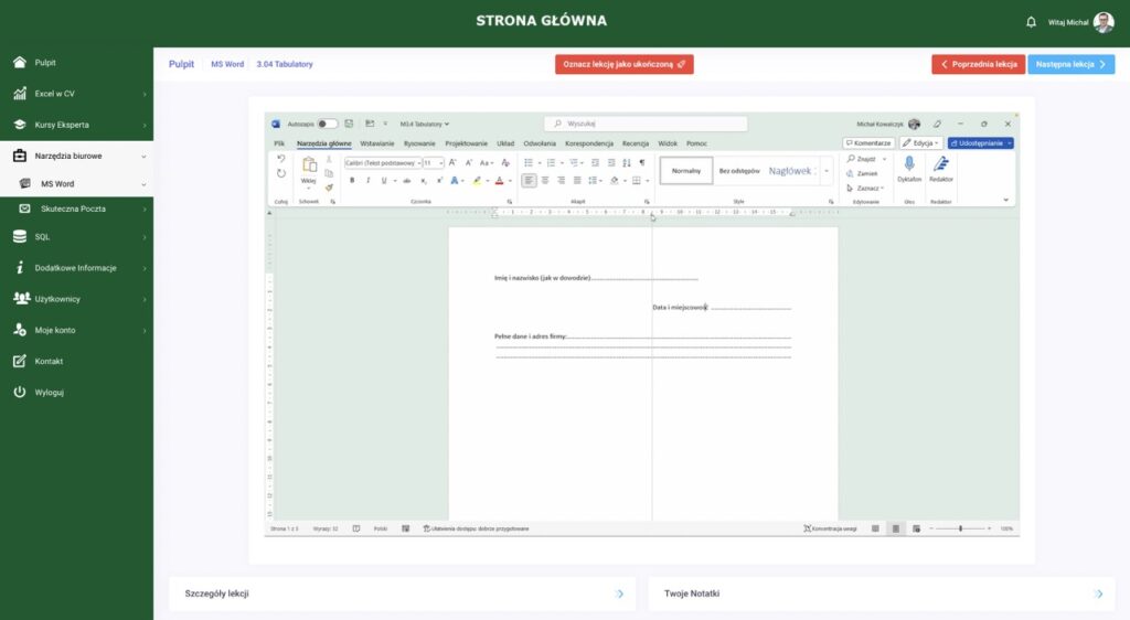 zrzut ekranu z modułu ms word