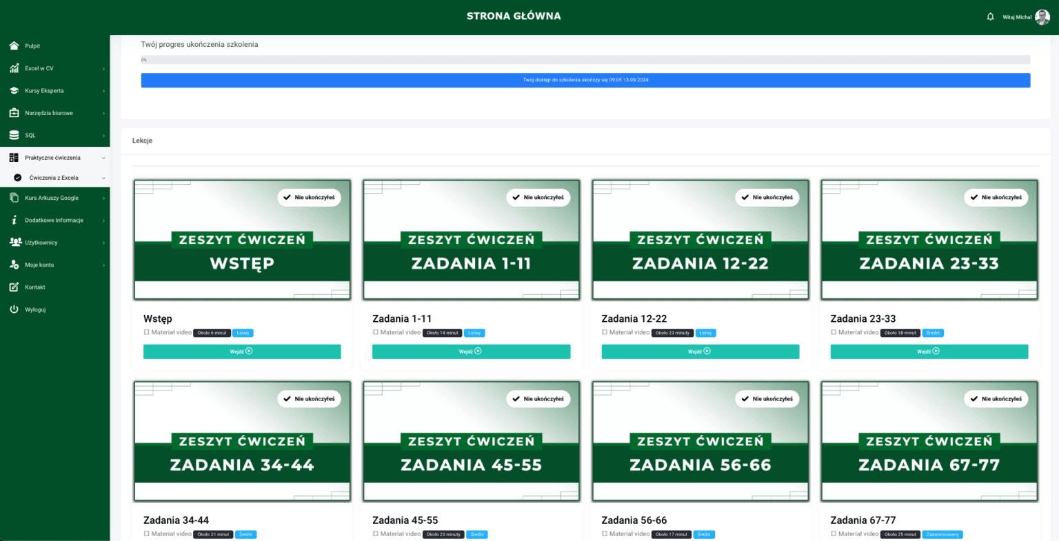 zrzut ekranu z modułu zadania excel